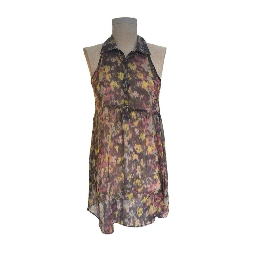 Volcom Sheer Colorful Abstract Watercolor Layering Chiffon Dress Shirt XS